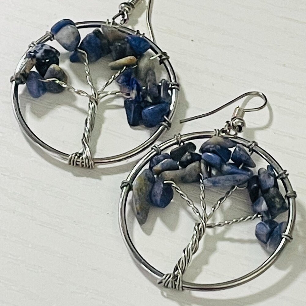 Tree of Life Wire Wrapped Earrings - Blue and Dark Gray Stone Boho Dangles